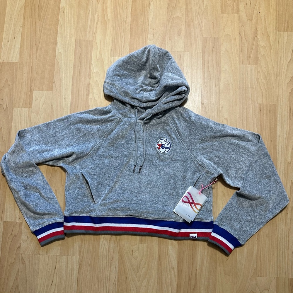 Philadelphia 76ers Cropped Velour Sweatshirt with Red and Blue Trim